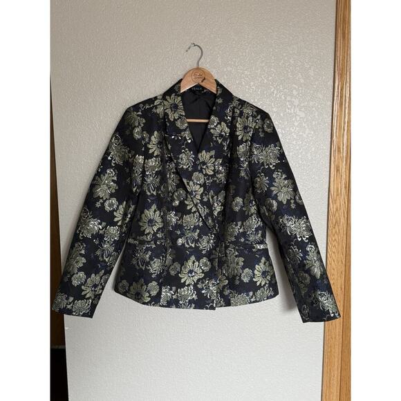 Venus Floral Metallic Jacquard Blazer Jacket Size 10 Gold Navy Black - Picture 1 of 7